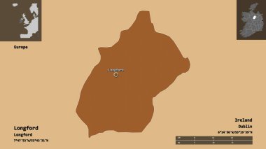 Longford 'un şekli, İrlanda eyaleti ve başkenti. Uzaklık ölçeği, ön gösterimler ve etiketler. Desenli dokuların bileşimi. 3B görüntüleme