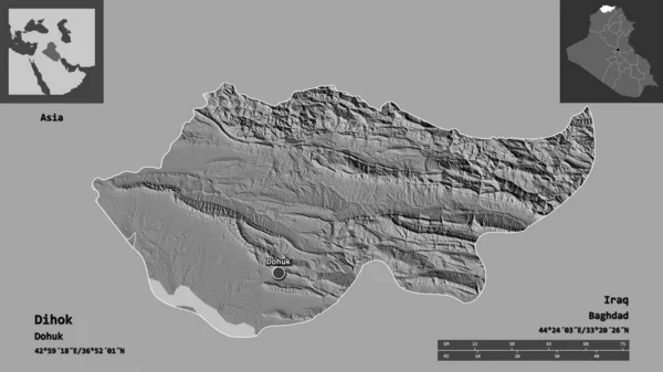 伊拉克迪霍克省的形状及其首都 距离刻度 预览和标签 Bilevel高程图 3D渲染 — 图库照片