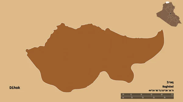 イラクの州 ディホクの形状は その資本がしっかりとした背景に隔離されています 距離スケール リージョンプレビュー およびラベル パターン化されたテクスチャの構成 3Dレンダリング — ストック写真