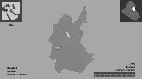 伊拉克迪亚拉省的形状及其首都 距离刻度 预览和标签 Bilevel高程图 3D渲染 — 图库照片