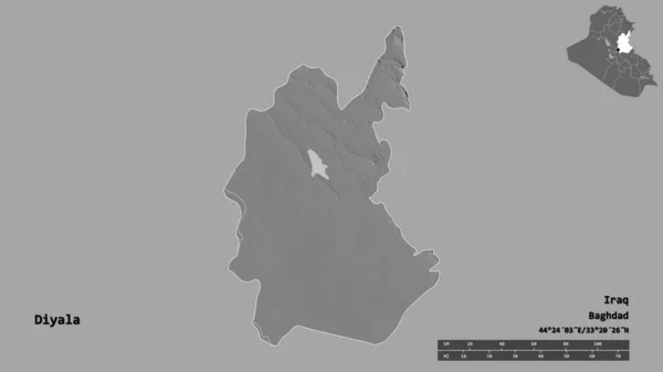 イラクの州 ディヤラの形状は その資本がしっかりとした背景に隔離されています 距離スケール リージョンプレビュー およびラベル 標高マップ 3Dレンダリング — ストック写真