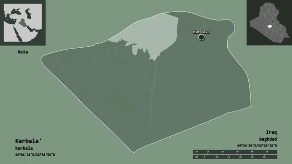 カルバラ イラクの州とその首都 距離スケール プレビューおよびラベル 色の標高マップ 3Dレンダリング — ストック写真