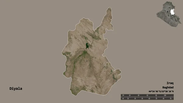 イラクの州 ディヤラの形状は その資本がしっかりとした背景に隔離されています 距離スケール リージョンプレビュー およびラベル 衛星画像 3Dレンダリング — ストック写真