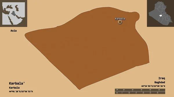 カルバラ イラクの州とその首都 距離スケール プレビューおよびラベル パターン化されたテクスチャの構成 3Dレンダリング — ストック写真