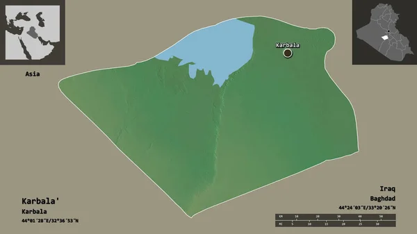 伊拉克卡尔巴拉省的形状及其首都 距离刻度 预览和标签 地形浮雕图 3D渲染 — 图库照片