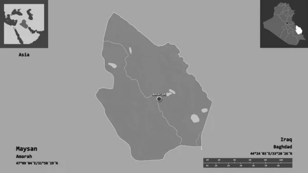 メイサン イラクの州とその首都の形 距離スケール プレビューおよびラベル 標高マップ 3Dレンダリング — ストック写真