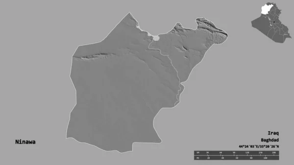 イラクの州であるニナワの形は その資本がしっかりとした背景に隔離されています 距離スケール リージョンプレビュー およびラベル 標高マップ 3Dレンダリング — ストック写真