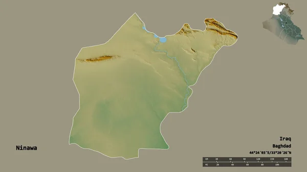 イラクの州であるニナワの形は その資本がしっかりとした背景に隔離されています 距離スケール リージョンプレビュー およびラベル 地形図 3Dレンダリング — ストック写真