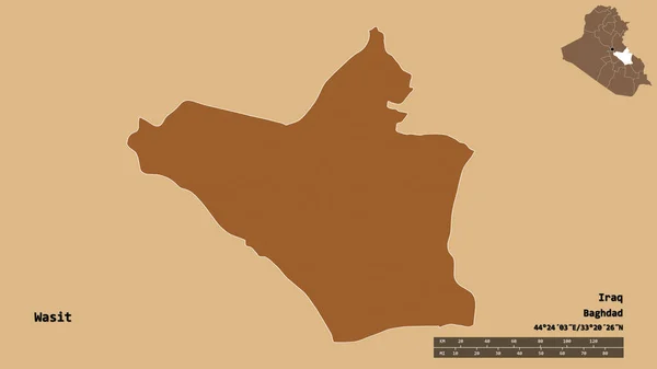 伊拉克瓦西特省的形状 其首都在坚实的背景下与世隔绝 距离尺度 区域预览和标签 图形纹理的组成 3D渲染 — 图库照片