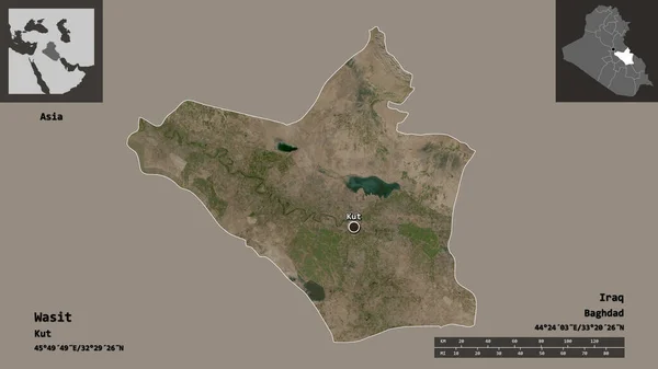 伊拉克省瓦西特的形状及其首都 距离刻度 预览和标签 卫星图像 3D渲染 — 图库照片