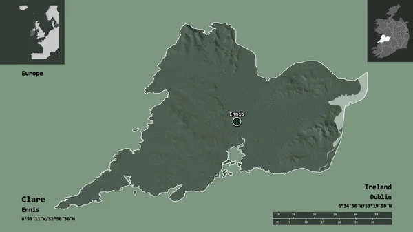 克莱尔的形状 爱尔兰郡 和它的首都 距离刻度 预览和标签 彩色高程图 3D渲染 — 图库照片