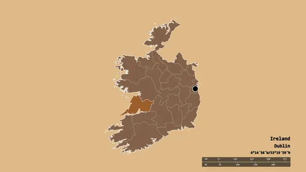 主要な地域部門と分離されたクレア地域とアイルランドの荒廃した形 ラベル パターン化されたテクスチャの構成 3Dレンダリング — ストック写真