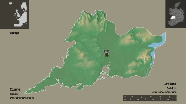 クレアの形 アイルランドの郡とその首都 距離スケール プレビューおよびラベル 地形図 3Dレンダリング — ストック写真