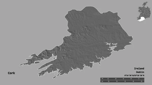 科克的形状 爱尔兰县 其首都孤立的坚实的背景 距离尺度 区域预览和标签 Bilevel高程图 3D渲染 — 图库照片