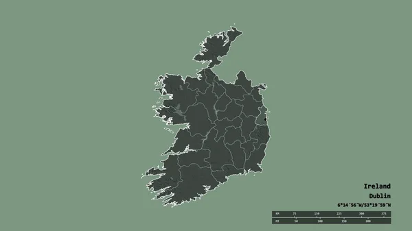 主要地域部門 分離ダブリン地域とアイルランドの荒廃した形 ラベル 色の標高マップ 3Dレンダリング — ストック写真