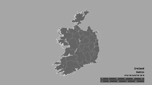 主要地域部門 分離ダブリン地域とアイルランドの荒廃した形 ラベル 標高マップ 3Dレンダリング — ストック写真