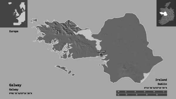 ゴールウェイの形 アイルランドの郡とその首都 距離スケール プレビューおよびラベル 標高マップ 3Dレンダリング — ストック写真
