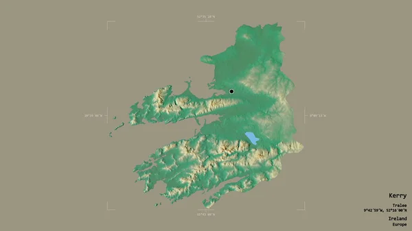 アイルランドの郡ケリーの領域は 洗練された境界の箱の中にしっかりとした背景に隔離されています ラベル 地形図 3Dレンダリング — ストック写真