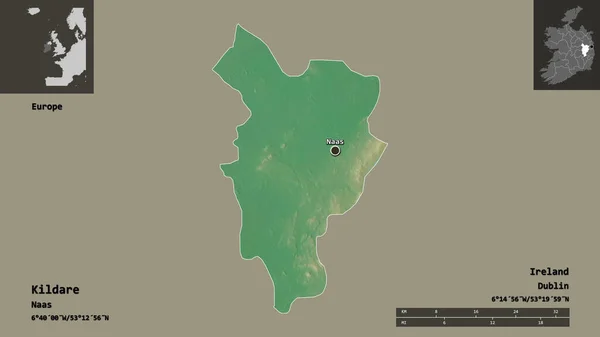 アイルランドの郡キルデアとその首都の形 距離スケール プレビューおよびラベル 地形図 3Dレンダリング — ストック写真