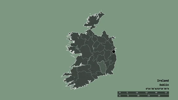 主要な地域部門と分離キルケニー地域とアイルランドの荒廃した形 ラベル 色の標高マップ 3Dレンダリング — ストック写真