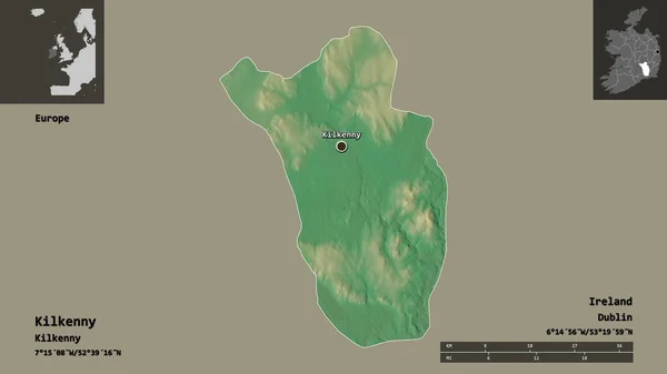 爱尔兰郡基尔肯尼的形状和它的首都 距离刻度 预览和标签 地形浮雕图 3D渲染 — 图库照片