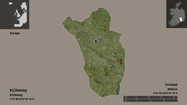 爱尔兰郡基尔肯尼的形状和它的首都 距离刻度 预览和标签 卫星图像 3D渲染 — 图库照片
