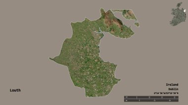İrlanda 'nın Louth ilçesi, başkenti sağlam arka planda izole edilmiş. Uzaklık ölçeği, bölge önizlemesi ve etiketleri. Uydu görüntüleri. 3B görüntüleme