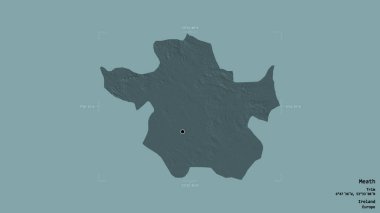 Meath Bölgesi, İrlanda Bölgesi, sağlam bir arka planda izole edilmiş bir sınır kutusunda. Etiketler. Renkli yükseklik haritası. 3B görüntüleme