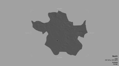 Meath Bölgesi, İrlanda Bölgesi, sağlam bir arka planda izole edilmiş bir sınır kutusunda. Etiketler. Çift seviyeli yükseklik haritası. 3B görüntüleme