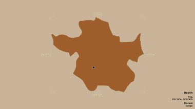 Meath Bölgesi, İrlanda Bölgesi, sağlam bir arka planda izole edilmiş bir sınır kutusunda. Etiketler. Desenli dokuların bileşimi. 3B görüntüleme