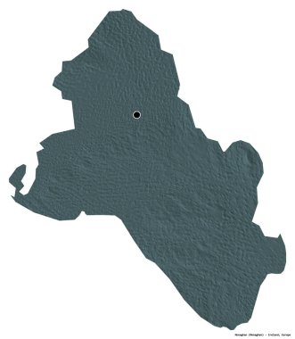 Beyaz arka planda başkenti izole edilmiş, İrlanda 'nın Monaghan ilçesi. Renkli yükseklik haritası. 3B görüntüleme