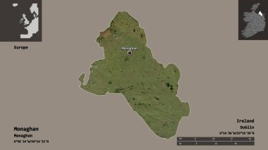 Monaghan 'ın şekli, İrlanda eyaleti ve başkenti. Uzaklık ölçeği, ön gösterimler ve etiketler. Uydu görüntüleri. 3B görüntüleme