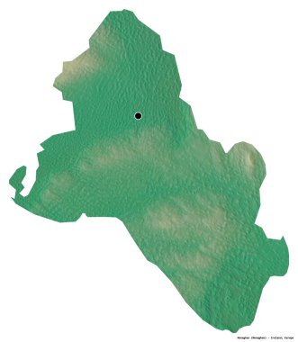 Beyaz arka planda başkenti izole edilmiş, İrlanda 'nın Monaghan ilçesi. Topografik yardım haritası. 3B görüntüleme