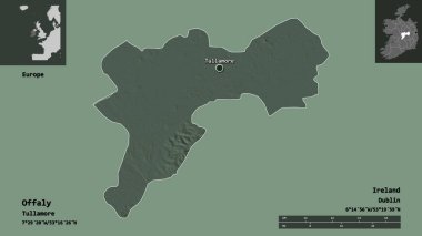 Offaly Şekli, İrlanda Bölgesi ve başkenti. Uzaklık ölçeği, ön gösterimler ve etiketler. Renkli yükseklik haritası. 3B görüntüleme