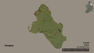 İrlanda 'nın Monaghan ilçesi, başkenti sağlam bir zemin üzerinde izole edilmiştir. Uzaklık ölçeği, bölge önizlemesi ve etiketleri. Uydu görüntüleri. 3B görüntüleme