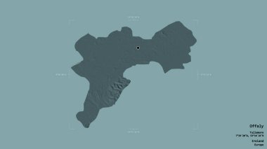 Offaly Bölgesi, İrlanda Bölgesi, sağlam bir arka planda izole edilmiş bir sınır kutusunda. Etiketler. Renkli yükseklik haritası. 3B görüntüleme