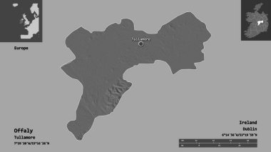 Offaly Şekli, İrlanda Bölgesi ve başkenti. Uzaklık ölçeği, ön gösterimler ve etiketler. Çift seviyeli yükseklik haritası. 3B görüntüleme