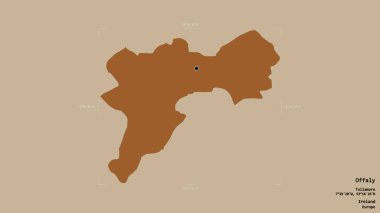 Offaly Bölgesi, İrlanda Bölgesi, sağlam bir arka planda izole edilmiş bir sınır kutusunda. Etiketler. Desenli dokuların bileşimi. 3B görüntüleme