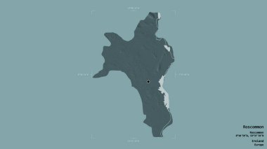 Roscommon Bölgesi, İrlanda Bölgesi, jeoreferatlı bir sınır kutusunda sağlam bir arka planda izole. Etiketler. Renkli yükseklik haritası. 3B görüntüleme