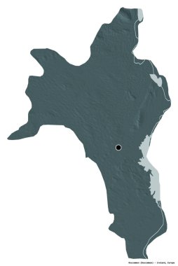 Beyaz arka planda başkenti izole edilmiş Roscommon ilçesi. Renkli yükseklik haritası. 3B görüntüleme