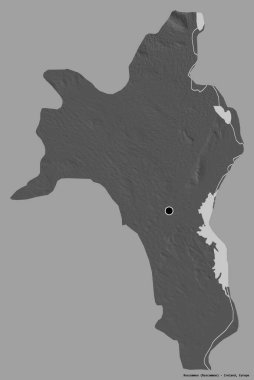 İrlanda 'nın Roscommon ilçesi, başkenti katı renk arkaplanı ile izole edilmiştir. Çift seviyeli yükseklik haritası. 3B görüntüleme