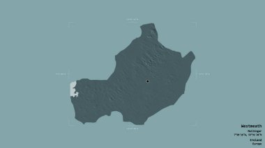 Westmeath bölgesi, İrlanda eyaleti, sağlam bir arka planda izole edilmiş bir sınır kutusunda. Etiketler. Renkli yükseklik haritası. 3B görüntüleme