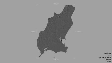 Wexford bölgesi, İrlanda Bölgesi, jeoreferatlı bir sınır kutusunda sağlam bir arka planda izole edilmiş. Etiketler. Çift seviyeli yükseklik haritası. 3B görüntüleme
