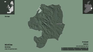 İrlanda 'nın Wicklow ilçesi ve başkenti. Uzaklık ölçeği, ön gösterimler ve etiketler. Renkli yükseklik haritası. 3B görüntüleme
