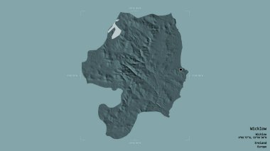 Wicklow bölgesi, İrlanda eyaleti, sağlam bir arka planda izole edilmiş bir sınır kutusunda. Etiketler. Renkli yükseklik haritası. 3B görüntüleme