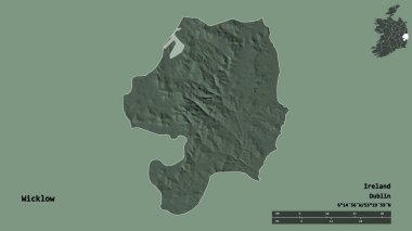 İrlanda 'nın Wicklow ilçesi, başkenti sağlam arka planda izole edilmiş. Uzaklık ölçeği, bölge önizlemesi ve etiketleri. Renkli yükseklik haritası. 3B görüntüleme