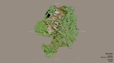 Wicklow bölgesi, İrlanda eyaleti, sağlam bir arka planda izole edilmiş bir sınır kutusunda. Etiketler. Uydu görüntüleri. 3B görüntüleme