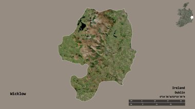 İrlanda 'nın Wicklow ilçesi, başkenti sağlam arka planda izole edilmiş. Uzaklık ölçeği, bölge önizlemesi ve etiketleri. Uydu görüntüleri. 3B görüntüleme