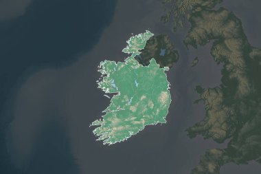 Shape of Ireland separated by the desaturation of neighboring areas. Borders. Topographic relief map. 3D rendering clipart