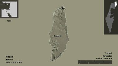 İsrail 'in Golan ilçesi ve başkenti. Uzaklık ölçeği, ön gösterimler ve etiketler. Renkli yükseklik haritası. 3B görüntüleme